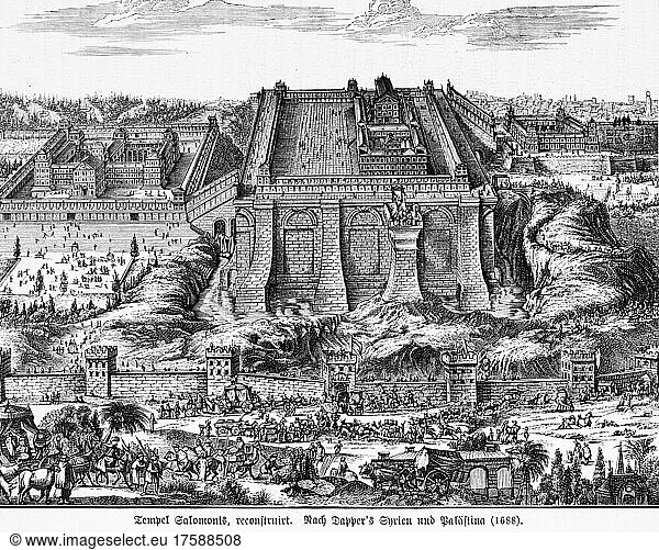 Tempelanlage  Solomon  viele Menschen  Stadtmauer  Kutschen  17. Jahrhundert  historische Illustration  1885  Jerusalem  Israel  Asien