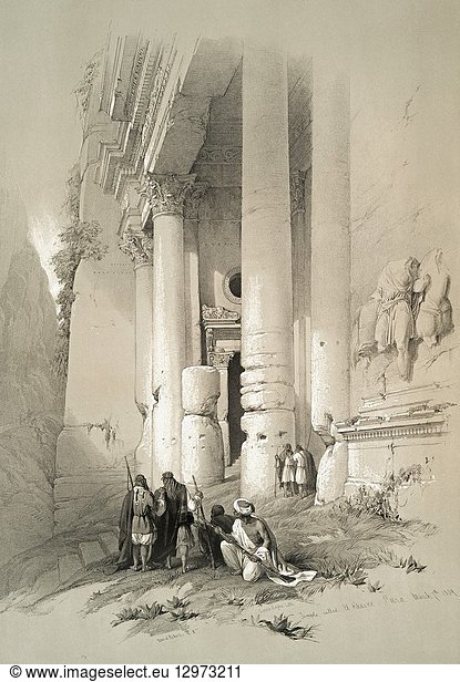 Temple Called El Khasne. Petra. After a work by Scottish artist David Roberts  1796-1864 and Belgian lithographer Louis Haghe  1806-1885.