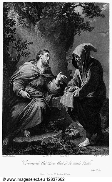 TEMPTATION OF CHRIST. Christ tempted in the wilderness. Steel engraving after the painting by Luca Giordano.