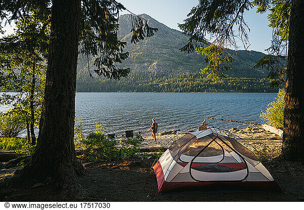 Tent camping next to Lake Wenatchee in the North Cascade Mountains