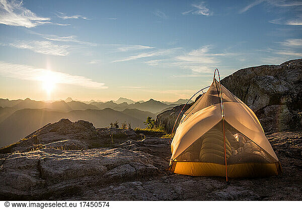 Tent perched on mountain summit  Vancouver Canada.