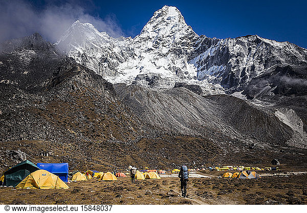 Tents at Ama Dablam Base Camp in the Nepal Himalaya  Everest Region