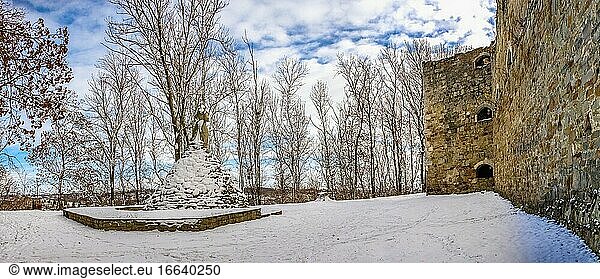 Terebovlia  Ukraine 01. 06. 2020. The ruins of the old Terebovlia castle  Ternopil region of Ukraine  on a sunny winter day.