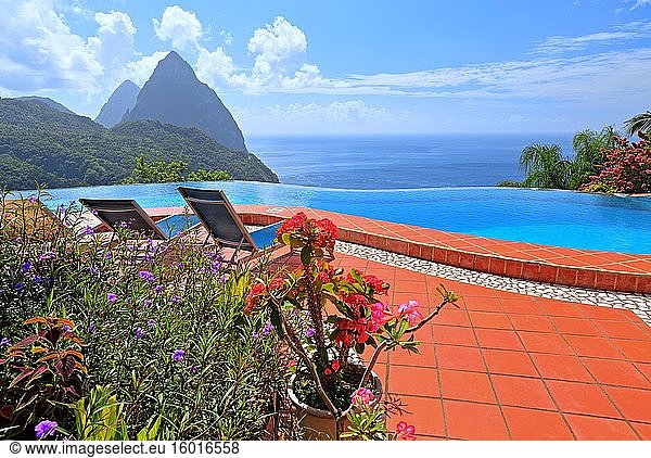 Terrace with swimming pool of the La Haut Resort with views of the two Pitons  Gros Piton 770m and Petit Piton 743m  Soufriere  St. Lucia  Lesser Antilles  West Indies  Caribbean Sea