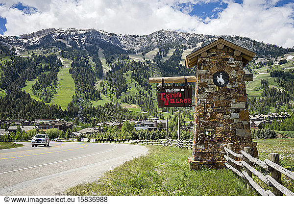 Teton Village entrance welcome sign  Jackson Hole Mountain Resort