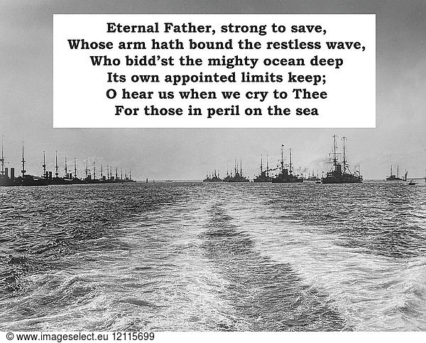 Text der Navy-Hymne Eternal Father  Strong to Save mit einem Hintergrund von Schiffen auf dem Meer