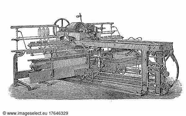 Textilindustrie  Spinnerei  19. Jahrhundert  Selfactor  digital restaurierte Reproduktion einer Originalvorlage aus dem 19. Jahrhundert