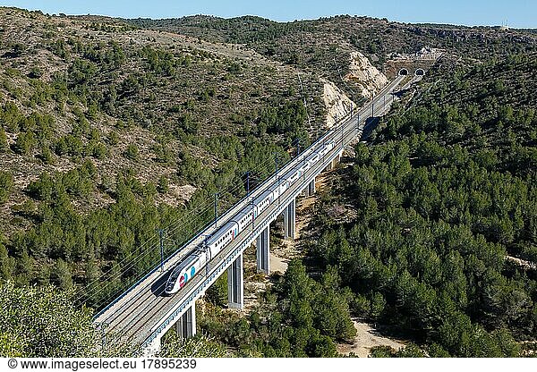 TGV Euroduplex high-speed train of Ouigo Espana SNCF on the route Madrid  Barcelona near Roda de Bera  Spain  Europe