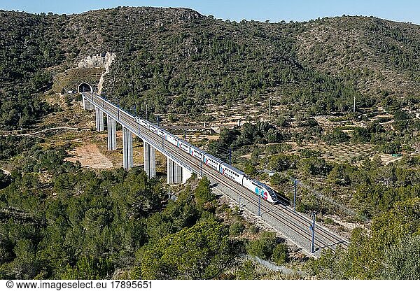 TGV Euroduplex high-speed train of Ouigo Espana SNCF on the route Madrid  Barcelona near Roda de Bera  Spain  Europe