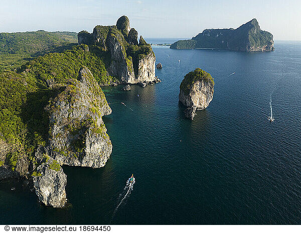 Thailand  Krabi Province  Drone view of cliffs of Phi Phi Islands