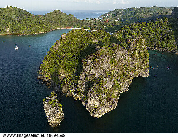 Thailand  Krabi Province  Drone view of cliffs of Phi Phi Islands