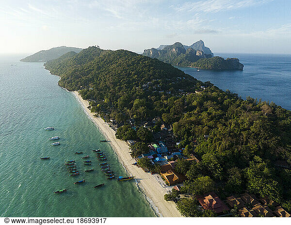 Thailand  Krabi Province  Drone view of forested island in Phi Phi Islands archipelago