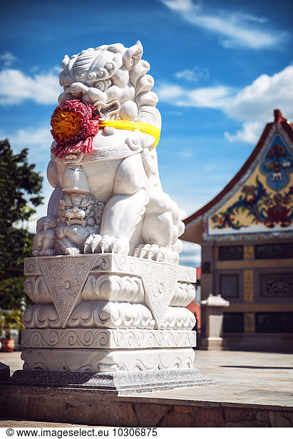 Thailand  Rock Lion in front of Chinese Shrine