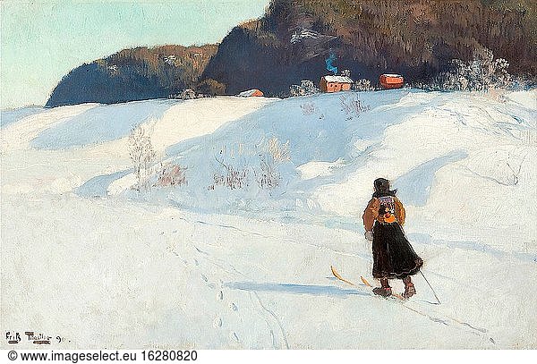 Thaulow Frits - Girl Skiing - Norwegian School - 19th Century.