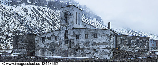 The abandoned herring factory in stormy weather  Djupavik  West Fjords  Iceland