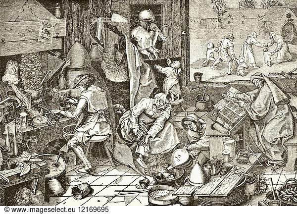 The Alchemist's Laboratory. After a picture by Breughel the Elder engraved by Cook. From Science and Literature in The Middle Ages by Paul Lacroix published London 1878.