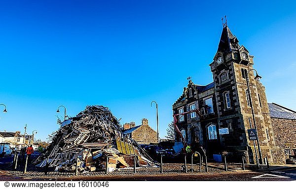 The almost complete hogmanay bonfire lit on 31st December each year to celebrate the new year in the Scottish town of Biggar.