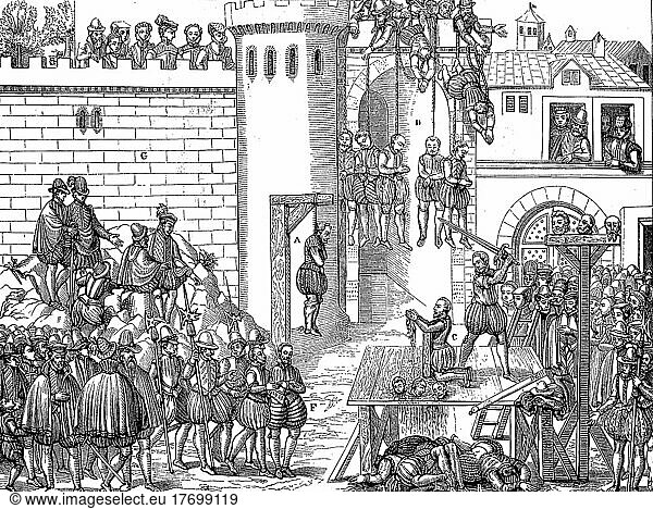 The Amboise Conspiracy  Execution of the Conspirators  Court of Blood  15. 3. 1560  France  Historical  digitally restored reproduction of a 19th century original  Europe