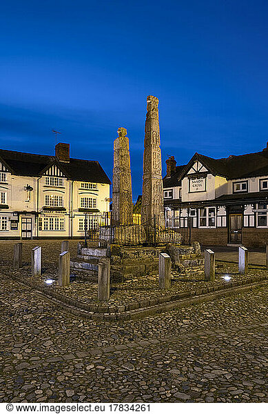 The ancient Saxon Crosses in the Market Place at night  Sandbach  Cheshire  England  United Kingdom  Europe