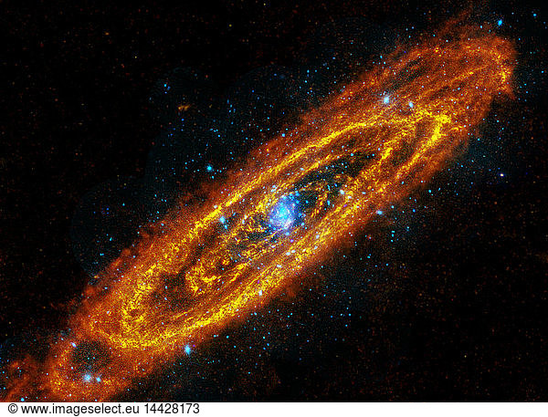The Andromeda Galaxy  M31  is a spiral galaxy a mere 2.5 million light-years away. Two space-based observatories have combined to produce this intriguing composite image of Andromeda  at wavelengths outside the visible spectrum. The view follows the locations of this galaxy"s once and future stars. In reddish hues  image data from the large Herschel infrared observatory traces enormous lanes of dust  warmed by stars  sweeping along Andromeda"s spiral arms. The dust  in conjunction with the galaxy"s interstellar gas  comprises the raw material for future star formation.