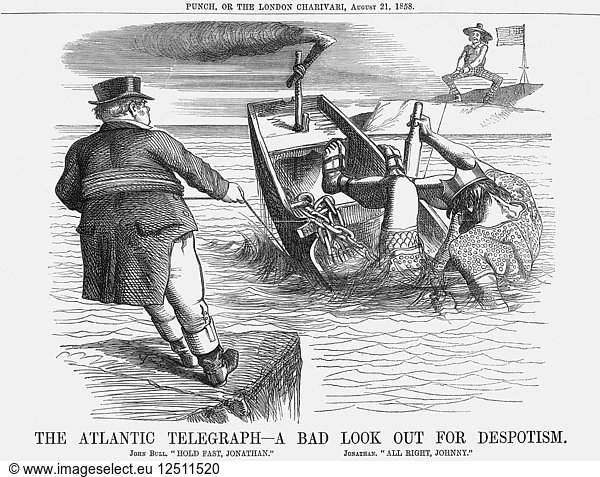 The Atlantic Telegraph - Schlechte Aussichten für den Despotismus  1858. Künstler: Unbekannt