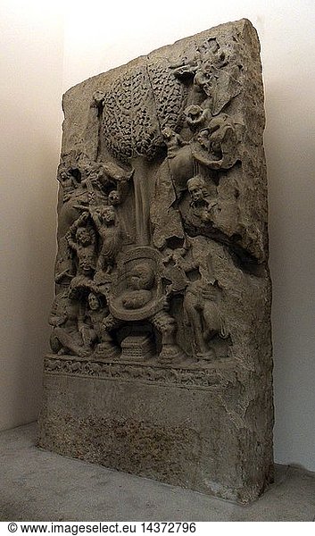 The attack of Mara: "Death  " Mara is the personification of death and tempter of the future Buddha. The Amaravati School (1st century BC - 3rd century AD) marmoreal limestone sculpture from Andhra Pradesh  India (South)
