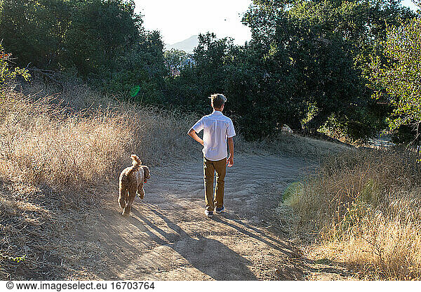 The Back Of A Boy And His Dog Walking On A Trail