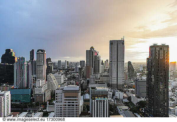the Bangkok skyline at sunset seen from Sathorn district