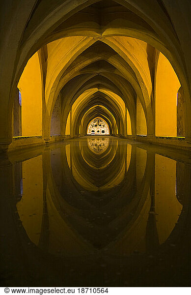 The Baths of Dona Maria de Padilla  a long vaulted hall underground beneath the Alcazar in Sevilla  Andalusia  Spain.