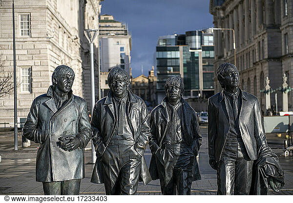 The Beatles statue sculpture at Pier Head on Liverpool Waterfront  Liverpool  Merseyside  England  United Kingdom  Europe