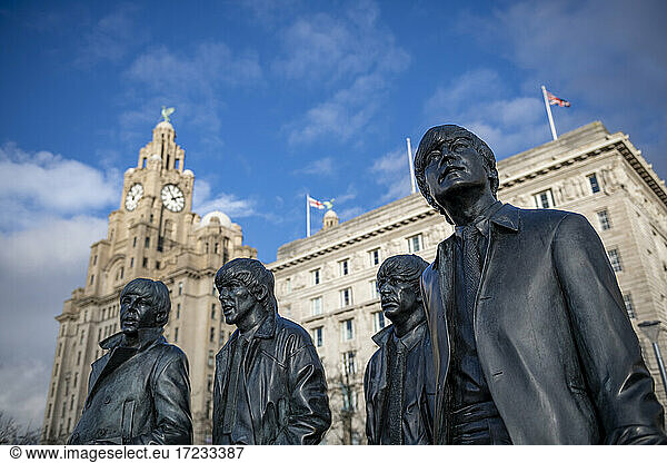 The bronze statue of the Beatles stands on Liverpool Waterfront  Liverpool  Merseyside  England  United Kingdom  Europe
