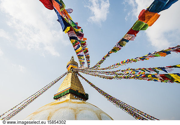 The Buddha Stupa strung with Prayer flags in Kathmandu Nepal