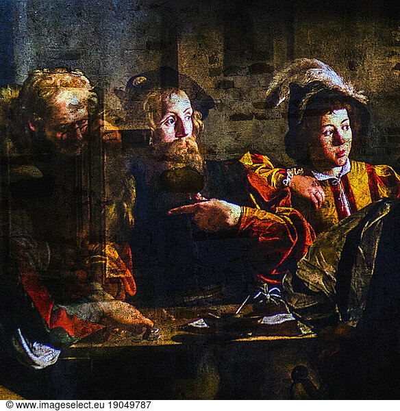 The Calling of Saint Matthew by Caravaggio projected on wall  Lucca  Tuscany  Italy