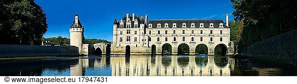 The Chateau de Chenonceau designed by French Renaissance architect Philibert de l'Orme 1555 by to span the River Char. Loire Valley. Chenonceaux  Indre-et-Loire département France. Chenonceau  Indre-et-Loire département  France  Europe