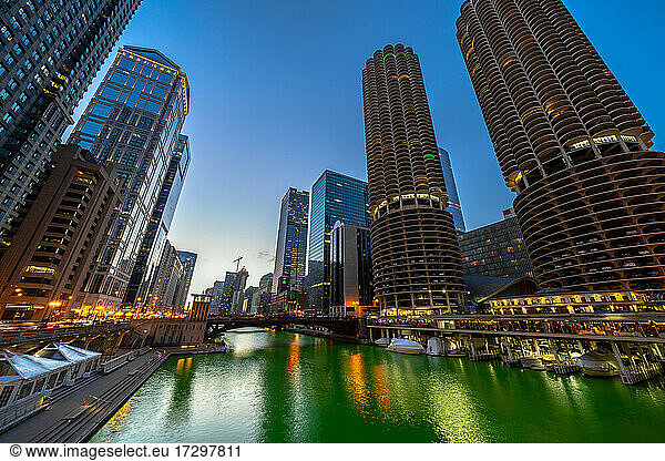 The Chicago riverwalk cityscape river side at the twilight time