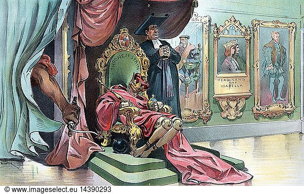 the child king Alfonso XIII as a wooden puppet slumped over on the 'Throne of Spain
