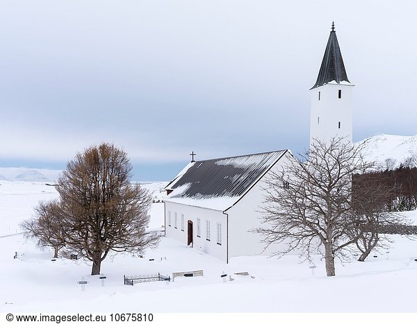 The church of Holar during winter. Holar is a famous archaeological site and is home to the Holar University Collage focusing on agriculture  horse breeding and tourism. europe  northern europe  iceland  March.