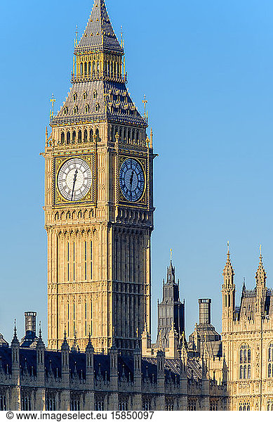 The clock tower of Big Ben (Elizabeth Tower) above Palace of Westminster  the houses of Parliament of the United Kingdom  London  England  United Kingdom