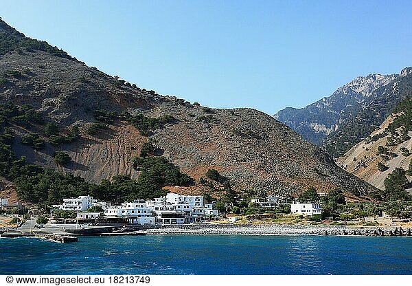 The coastal village of Agia Roumeli is the entrance or exit to the Samaria Gorge  ferry port on the Libyan Sea  Crete  Greece  Europe