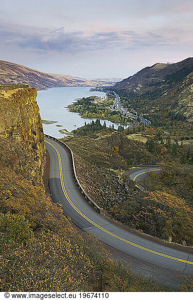 The Columbia River Highway from Rowena Crest  view of a road and lake.
