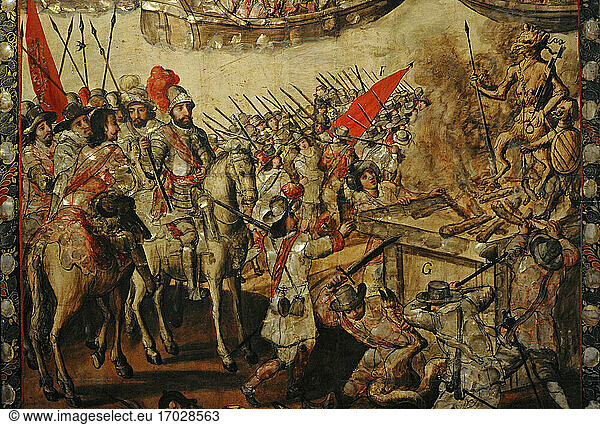 The Conquest of Mexico. Anonymous author. Table  oil  nacre. Scenes of the conquest and Hernan Cortes ordering to burn and destroy the idols.1676-1700. Mexican School. Viceroyalty of New Spain. Mexico. Detail. Museum of the Americas. Madrid  Spain.