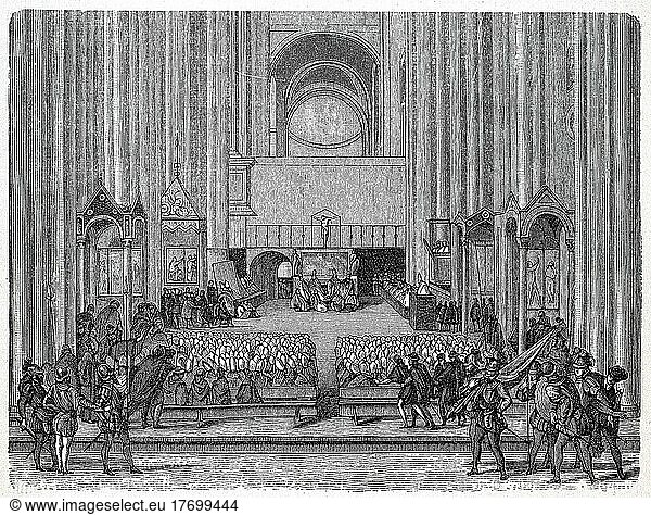 The Council of Trent  Tridentinum  counted by the Roman Catholic Church as the 19th ecumenical council  took place between 1545 and 1563 in three sessions  25 meetings  Historical  digitally restored reproduction of a 19th century original  exact date unknown