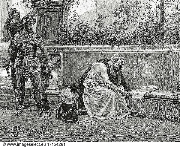 The Death of Archimedes  killed by a Roman soldier during the assault on Syracuse  Ancient greek history. Old 19th century engraved illustration from El Mundo Ilustrado 1879.