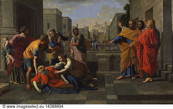 The Death of Sapphira"  1654-1656  Oil on canvas. Nicolas Poussin (1594-1665) French painter. Ananias and his wife Sapphira  were members of the early Christian Church in Jerusalem. According to the "Acts of the Apostles" they lied to the Apostles about the proportion of their wealth they were presenting to the Church. Ananias died immediately and Sapphira three hours later.