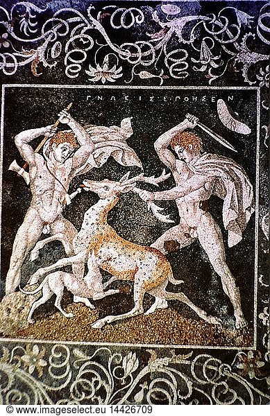 The Deer Hunt": Alexander the Great (left) and Hephestion (Hephaestion)  Alexander"s boyhood friend  hunting deer. Mosaic from the royal palace at Pella 4th century BC.
