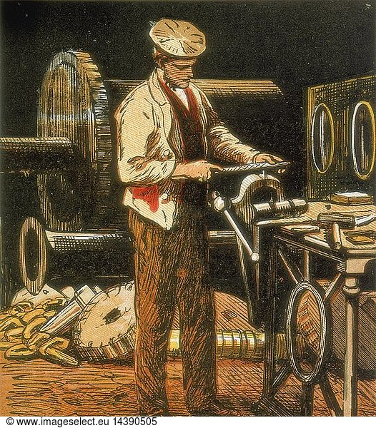 The Engineer using a file on an engine part held in a vise. Engineers made and maintained the steam engines and railway machinery used in manufacturing and transport. Chromolithograph from a children"s book published in 1867. Colour