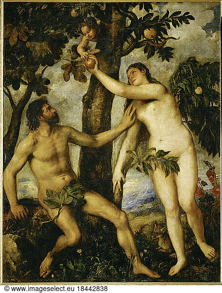 The Fall from Grace / Titian / c. 1568The Fall from GraceTitian  real name Tiziano Vecelli c. 1476 – 1576.“The Fall from Grace .c. 1568.Oil on canvas  240 × 186cm.Madrid  Museo del Prado.