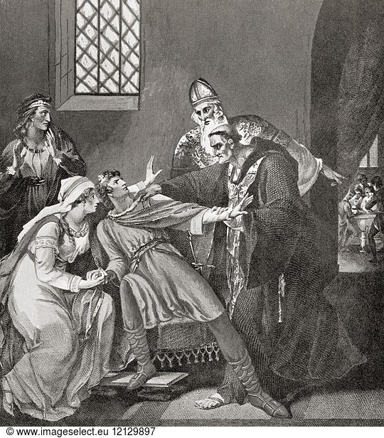 The feud between Eadwig and Dunstan which began on the day of Eadwig's coronation banquet when he failed to attend a meeting of nobles. When Dunstan eventually found the young monarch  he was cavorting with a noblewoman named Æthelgifu and refused to return with the bishop. Eadwig  also spelled Edwy  c. 940 - 959  aka All-Fair. King of England from 955 until his premature death in 959. Dunstan  909 - 988. Abbot of Glastonbury Abbey  Bishop of Worcester  Bishop of London  and Archbishop of Canterbury. From Hutchinson's History of the Nations  published 1915.