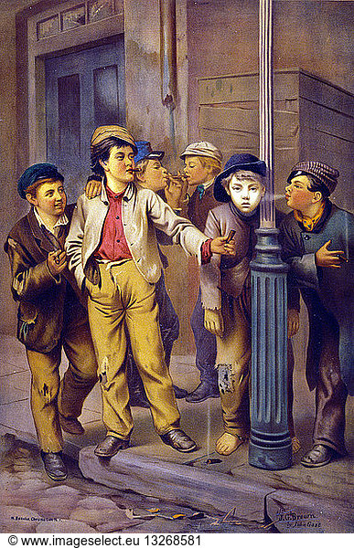 The First Cigar by John Gast and Herman Bencke  lithographer c1870. Print shows a group of street urchins smoking cigars. One boy  his face pale green  leans on a street pole as others offer him a cigar and blow smoke in his face.