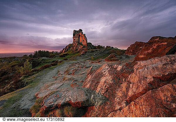 The Folly at Mow Cop illuminated by amazing sunset  Mow Cop  Cheshire  England  United Kingdom  Europe